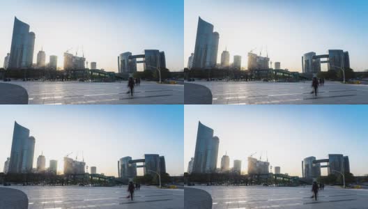 日落时分，杭州新城的现代建筑。间隔拍摄4 k hyperlapse高清在线视频素材下载