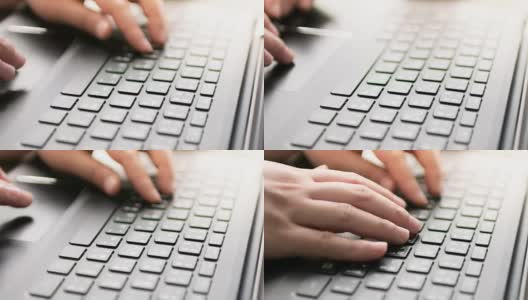 女人的手在键盘上打字的特写，时间推移移动，摄影车从右到左拍摄高清在线视频素材下载