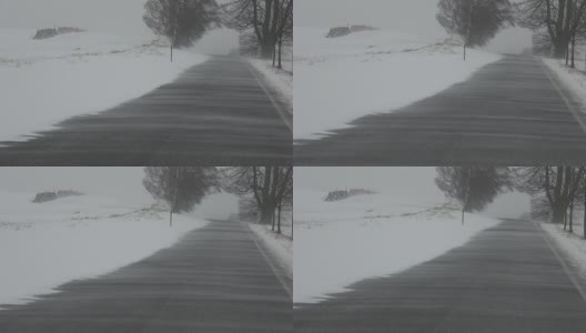 暴风雪暴风雪的冬季道路上的雪景。大风雪降临在开阔的道路上。高清在线视频素材下载