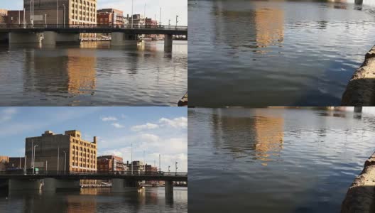 密尔沃基滨水河流经市中心城市天际线高清在线视频素材下载