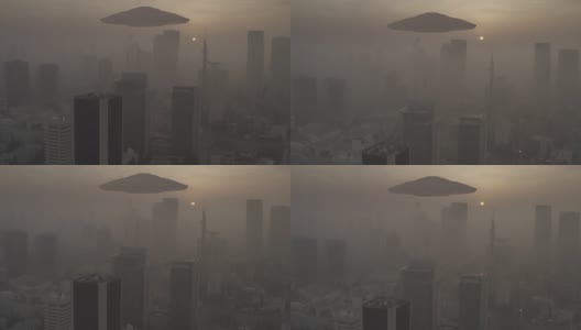 外星人飞碟飞碟飞过大城市上空，鸟瞰图高清在线视频素材下载