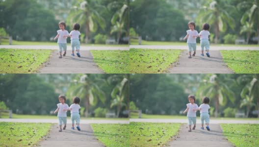周末早上，公园里一个兴奋的亚洲华人男婴向镜头跑去高清在线视频素材下载