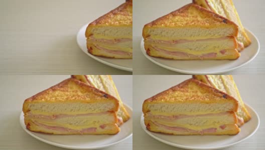 自制三明治火腿奶酪放在白盘子里高清在线视频素材下载