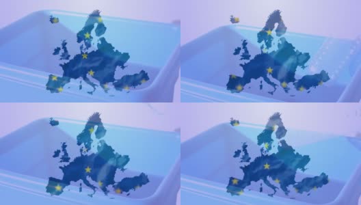 动画的欧盟旗帜星星与回收箱紫色的背景高清在线视频素材下载