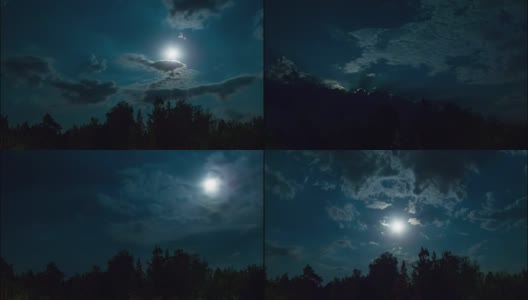 月亮在云树之上的地平线上升起。时间流逝高清在线视频素材下载