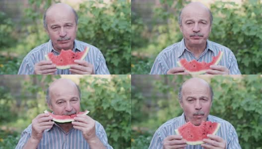 老人在炎热的夏天吃西瓜。高清在线视频素材下载