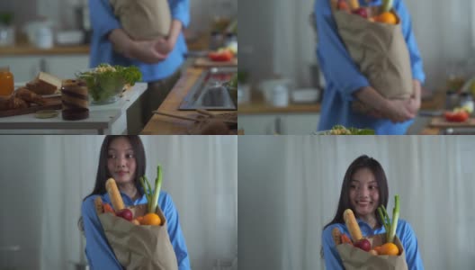面部表情由年轻女子在纯净的清晨时分，准备做早餐的配料高清在线视频素材下载