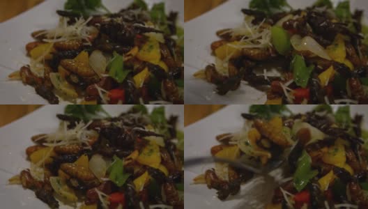 慢镜头中，人们在一家亚洲餐厅里吃着一盘虫子当晚餐高清在线视频素材下载