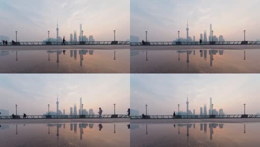中国，早上在上海外滩跑步或散步的人们的剪影，4k镜头，时间流逝。高清在线视频素材下载
