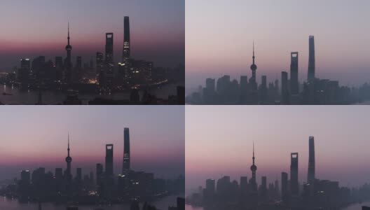 T/L TU鸟瞰图上海天际线在黎明，从夜晚到白天/上海，中国高清在线视频素材下载