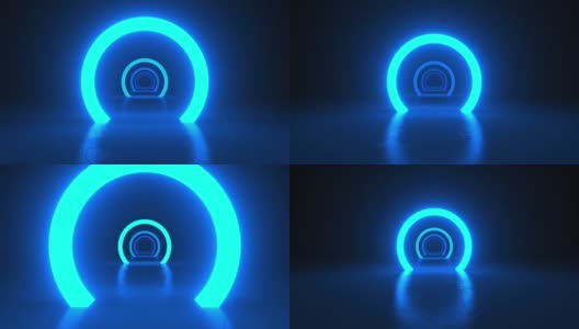 在黑厅房间里圈氖蓝光。抽象的科幻几何背景。走廊。未来的概念。发光的混凝土地板房间反射。前进。3d动画循环4K高清在线视频素材下载