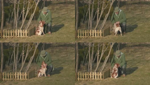 老人蹲在后院的草地上抚摸着他的狗高清在线视频素材下载