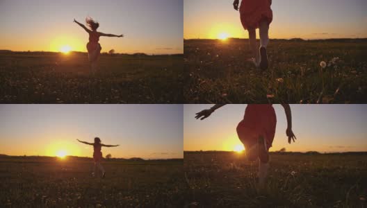 SLO MO女孩跑和跳在草地在日落高清在线视频素材下载