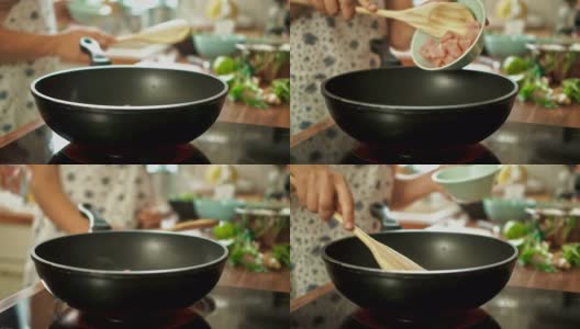 在炒菜锅里准备鸡肉高清在线视频素材下载