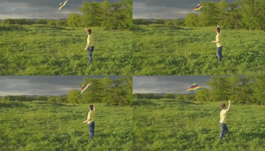 男孩在公园里玩风筝高清在线视频素材下载