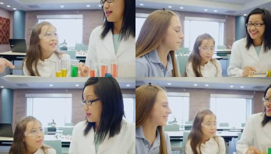 年轻的亚洲女教师准备学生使用试管和烧杯科学实验高清在线视频素材下载