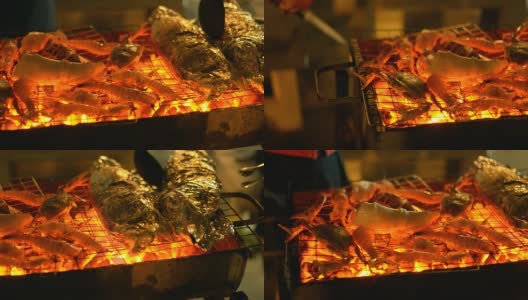 淘金:虾、蟹、虾、虾、鱼等海鲜烧烤高清在线视频素材下载