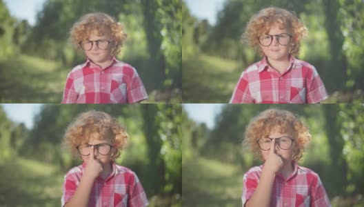 可爱的红发小男孩戴着眼镜，在阳光明媚的春夏季公园户外摆姿势。自信聪明的白人快乐的孩子看着镜头微笑的肖像。情报和休闲。高清在线视频素材下载