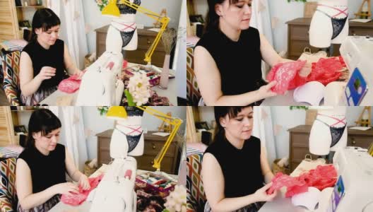 女裁缝在缝纫工作室缝制性感蕾丝内衣。时尚风格高清在线视频素材下载