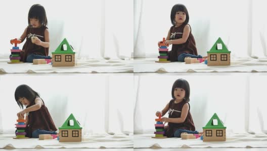 可爱的亚洲孩子玩积木，孩子玩高清在线视频素材下载