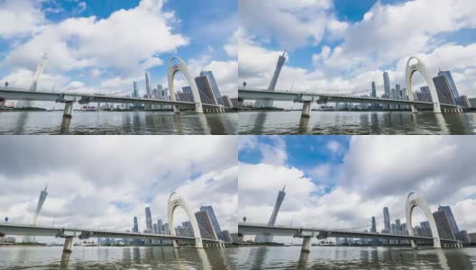 现代桥近广州塔在蓝天白云的天空。间隔拍摄高清在线视频素材下载