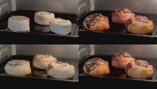 时间推移-三个肉桂小面包在家里的电烤箱里烘烤和升起高清在线视频素材下载