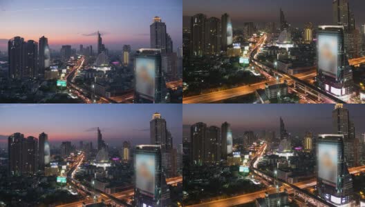 曼谷鸟瞰图与桥梁:黄昏到夜晚的延时高清在线视频素材下载