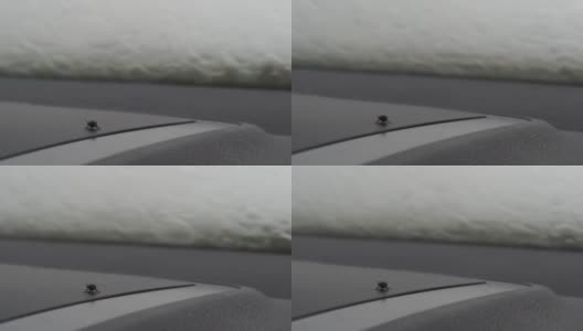 雨水顺着汽车的侧窗流下来，那是蒸汽。一只苍蝇坐在仪表盘上高清在线视频素材下载