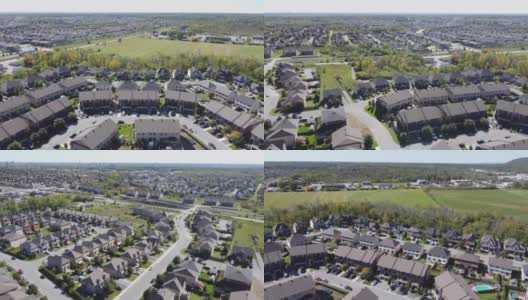 住宅鸟瞰图。正在拍摄加拿大的街坊、郊区。房地产，无人机拍摄，日落，阳光，高空拍摄。高清在线视频素材下载