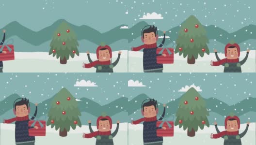 小男孩与圣诞树雪景的场景高清在线视频素材下载