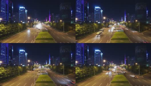 随着时间推移，深圳夜间多车道高速公路和建筑物上的繁忙交通。高清在线视频素材下载