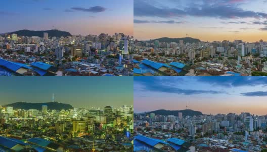 鸟瞰首尔市区风貌及梨花壁画村从早到晚。首尔,韩国。高清在线视频素材下载