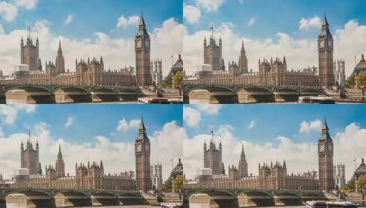 在阳光明媚的日子里，英国伦敦，议会大厦、钟塔、大本钟和泰晤士河上的桥梁交通车辆高清在线视频素材下载
