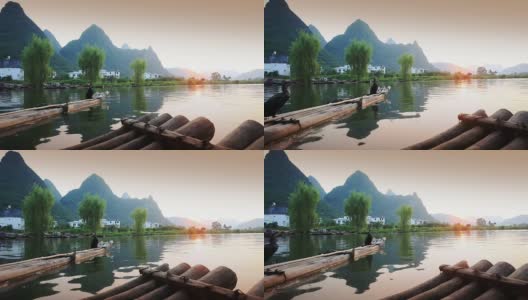 中国桂林，河筏上的鸬鹚。高清在线视频素材下载