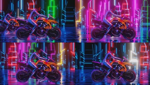 VJ循环动画的一个女孩骑摩托车在霓虹灯网络城市。三维渲染高清在线视频素材下载
