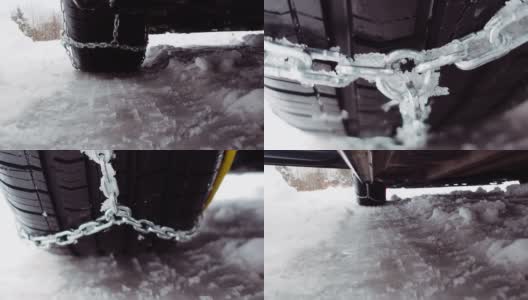 特写轮胎与雪链驾驶在雪和结冰的道路高清在线视频素材下载