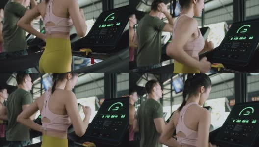 健康的年轻亚洲女性正在跑步机上跑步。高清在线视频素材下载