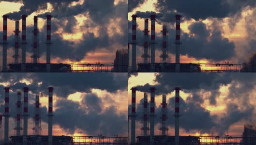 工业景观，夕阳下火电厂的管道高清在线视频素材下载