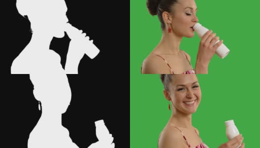 年轻美丽的女人喝酸奶，享受高清在线视频素材下载