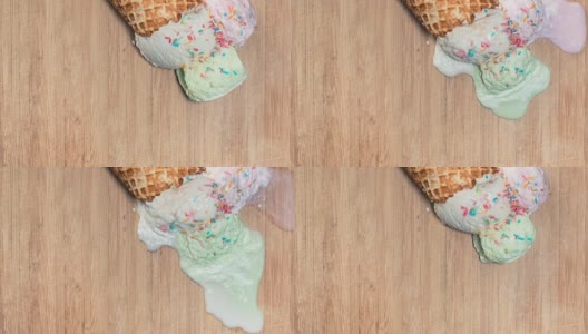 冰淇淋甜筒融化在木制的背景高清在线视频素材下载