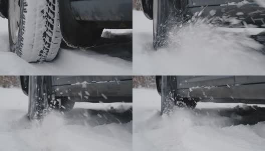 汽车陷在雪里了。下雪后，雪从旋转的车轮上飞起。高清在线视频素材下载