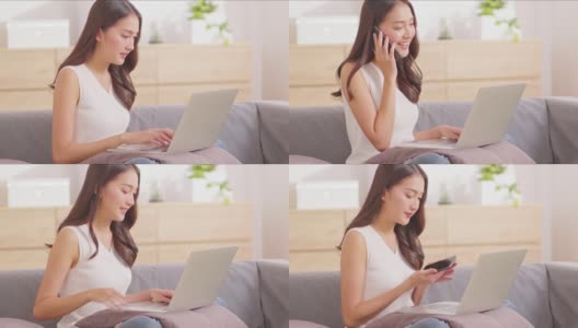 美丽的亚洲妇女穿着休闲毛衣工作在笔记本电脑上微笑，并与客户在智能手机交谈，以获得成功的工作在家里的想法要求。自由职业妇女工作在线销售营销高清在线视频素材下载