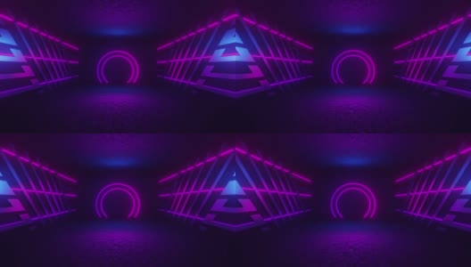 激光表演俱乐部黑暗霓虹科幻未来复古紫蓝色发光天花板灯混凝土车库舞台隧道房间大厅超高清高清在线视频素材下载