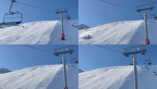 滑雪缆车和人们在法国阿尔卑斯山的斜坡上滑雪高清在线视频素材下载