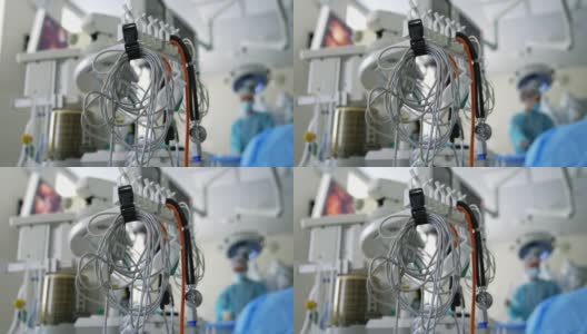重症监护室的医疗器械。模糊背景下不同的手术设备和人工呼吸机。高清在线视频素材下载