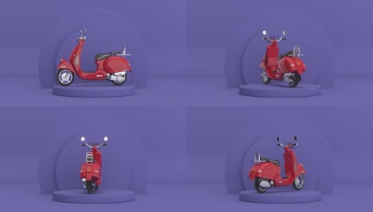 4k分辨率的视频:红色经典复古复古或电动滑板车旋转在紫罗兰Very perii圆筒产品舞台底座在紫罗兰Very perii背景循环动画高清在线视频素材下载