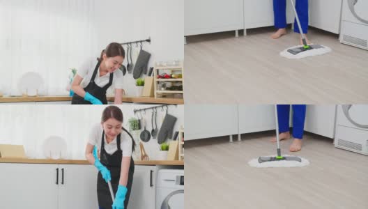 亚洲主动清洁服务女工清洁厨房和家庭。美丽的年轻女孩管家清洁工感到高兴，在地板上拖地工作，家务或家务在家里。高清在线视频素材下载