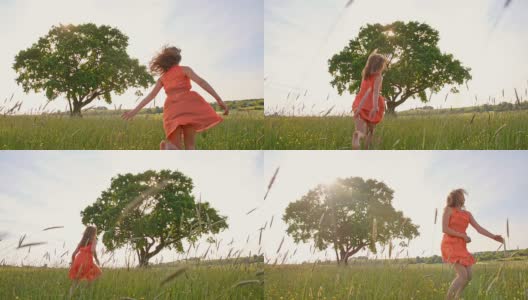 快乐的女孩赤脚在草地上奔跑高清在线视频素材下载