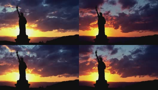 纽约东河上的自由女神像剪影，冬日的夕阳。高清在线视频素材下载