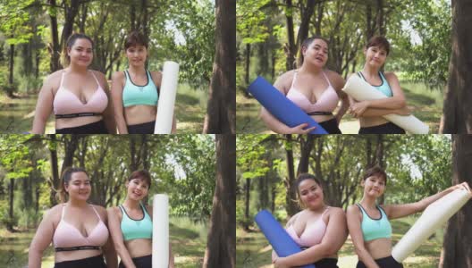 在公园练完瑜伽后，健康年轻身材高大的女性和朋友们微笑着高清在线视频素材下载
